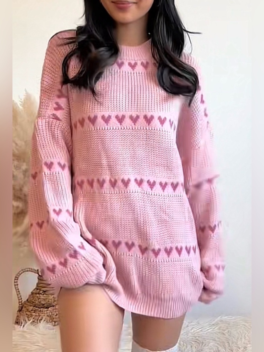 Oversized Pink Heart-Pattern Crewneck Sweater